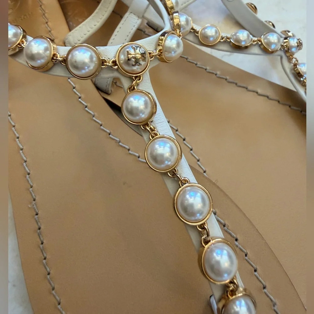 Tory Burch White Pearl-Trim T-Strap Sandals - Picture 3 of 4